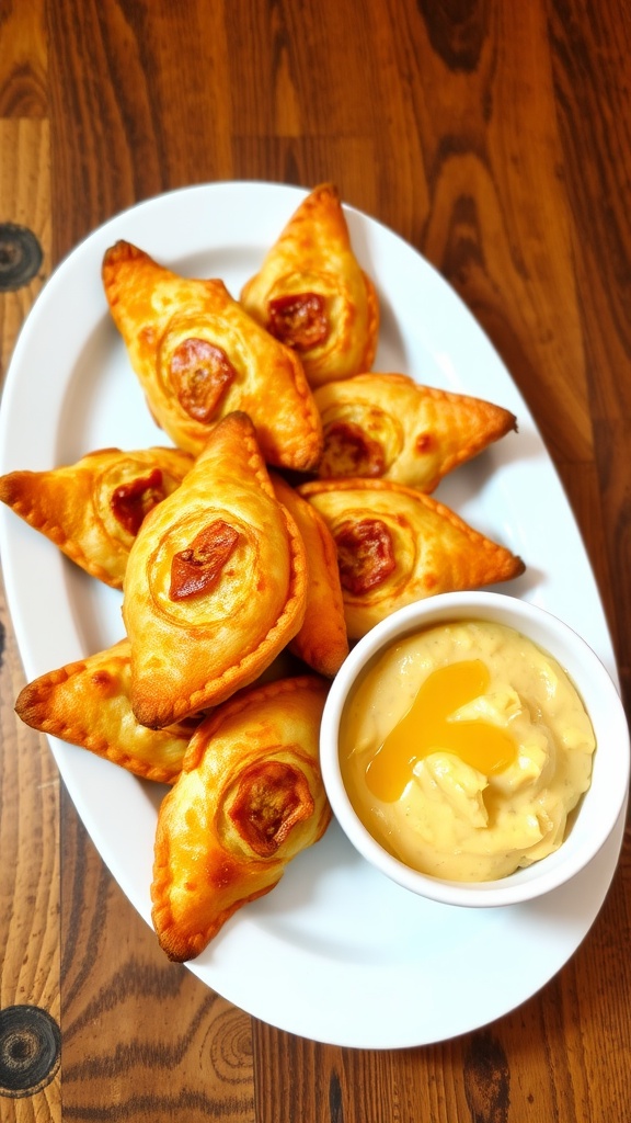 A platter with crispy savory pastries and a bowl of sweet banana mash.